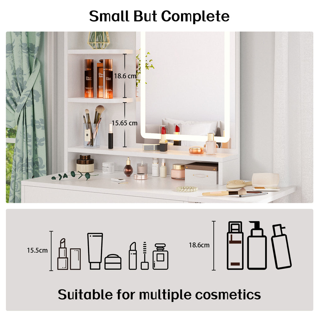 Haewon 25.4" White Small Vanity Desk with LED Light Mirror & Power Outlet , Makeup Vanity with Foldable Panel, Vanity Set with Stool for Bedroom, White