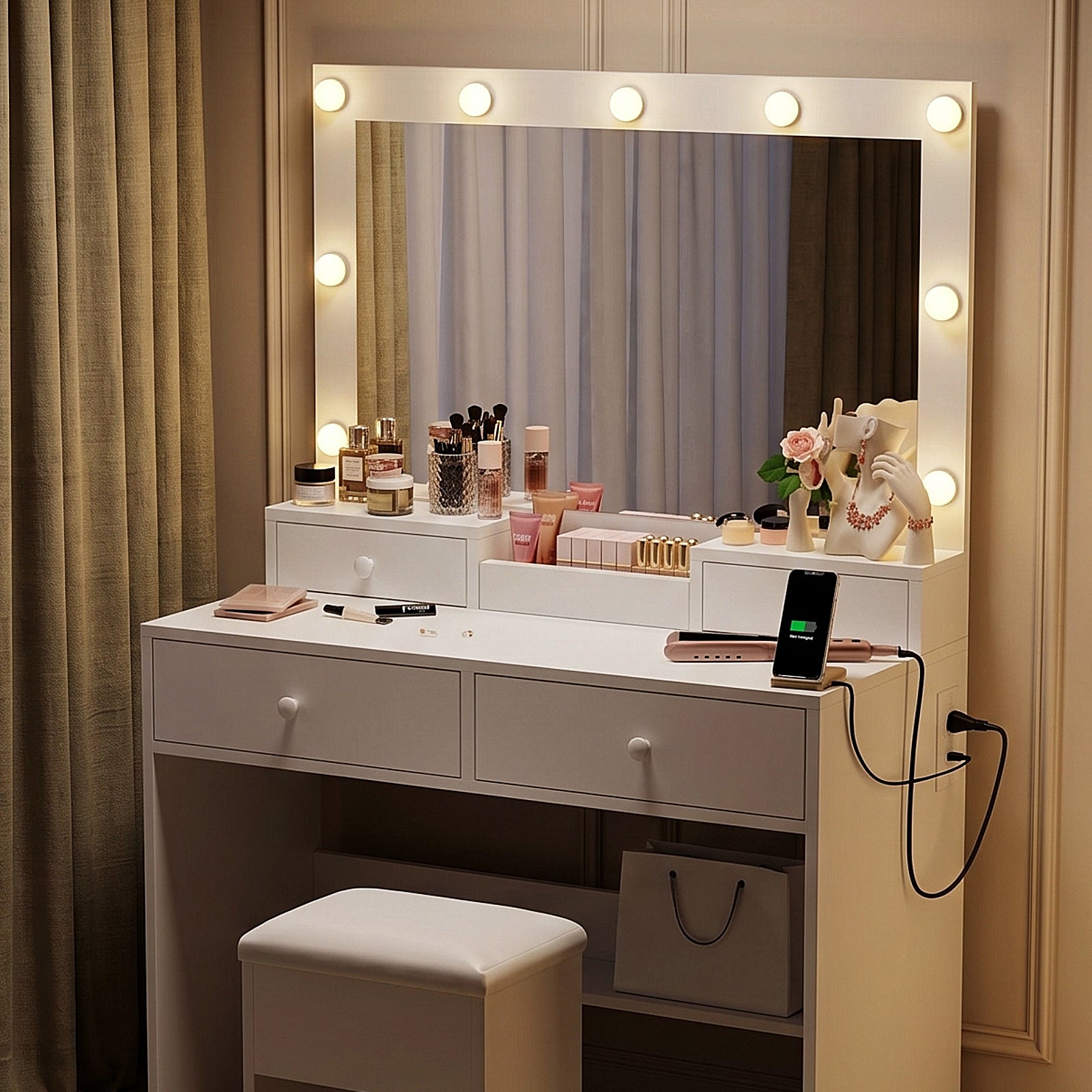 Haewon 31" Vanity Desk with Mirror, LED Lights and Charging Station, Makeup Vanity with Storage Stool, Vanity Set for Bedroom, White
