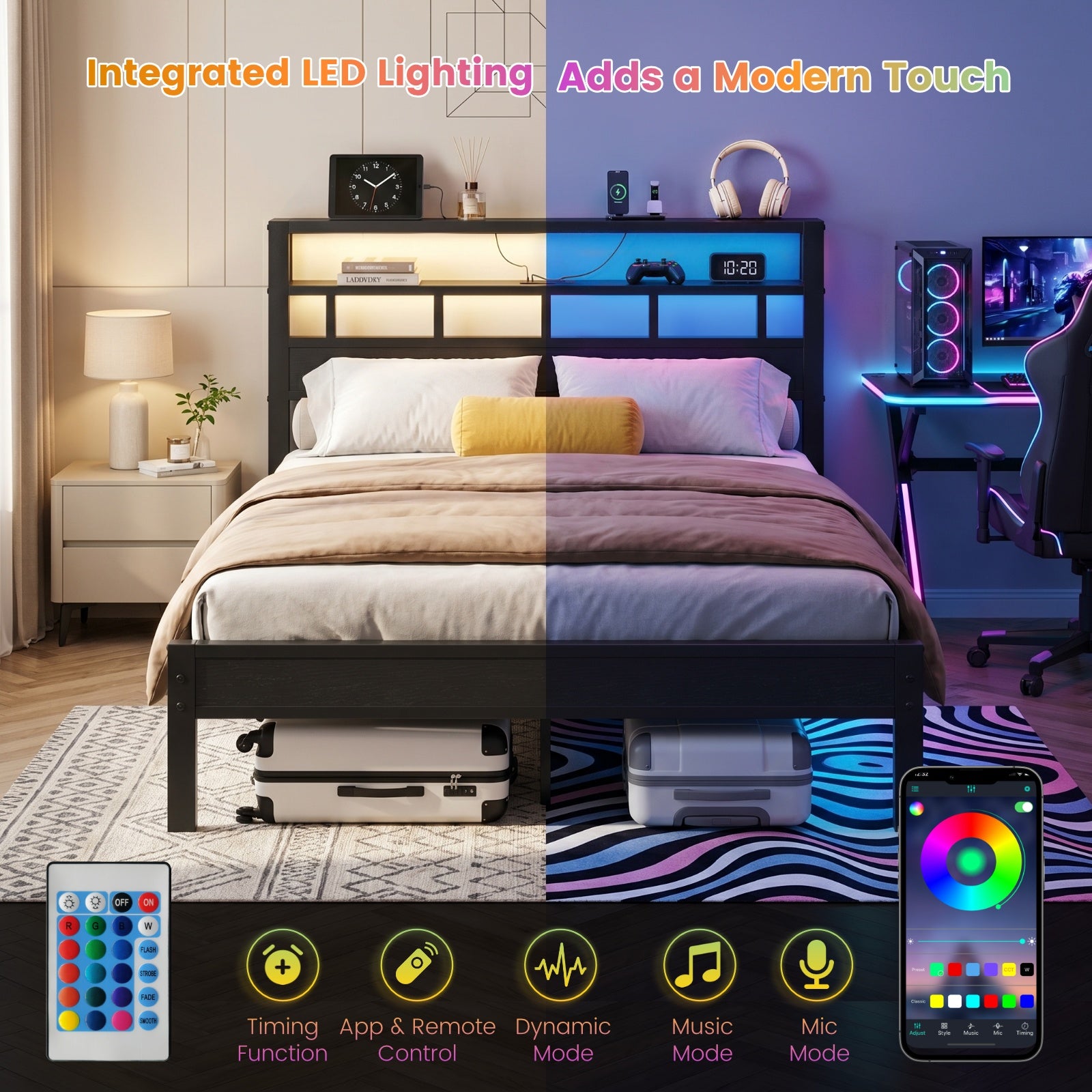 Bexfil Queen Bed Frame with Storage Headboard and LED Light, Metal Platform Bed Station with Charging Station & LED, Noise-Free, No Box Spring Needed
