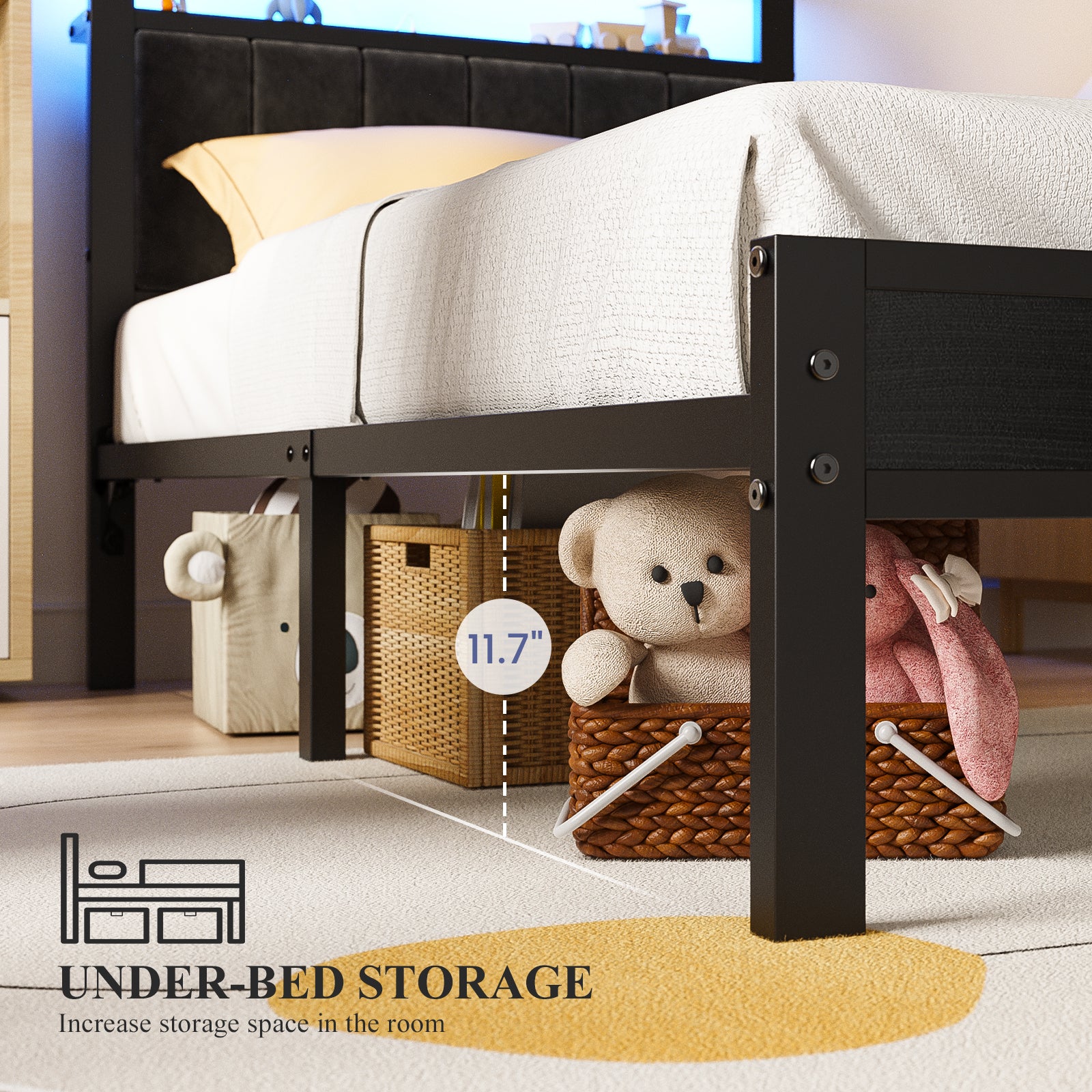 Dayago Upholstered Twin Size Bed Frame with LED Lights Charging Station Shelf Headboard Heavy Duty Metal Platform Bed, Noise Free,Black
