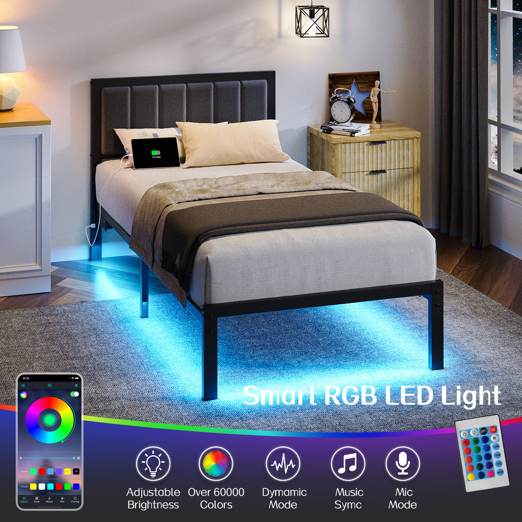 Kbun Metal Platform Bed Frame, Twin Bed Frame with Upholstered Headboard, Charage Station and LED Light Strip, Under-Bed Storage, No Box Spring Needed, Easy Assembly, Gray