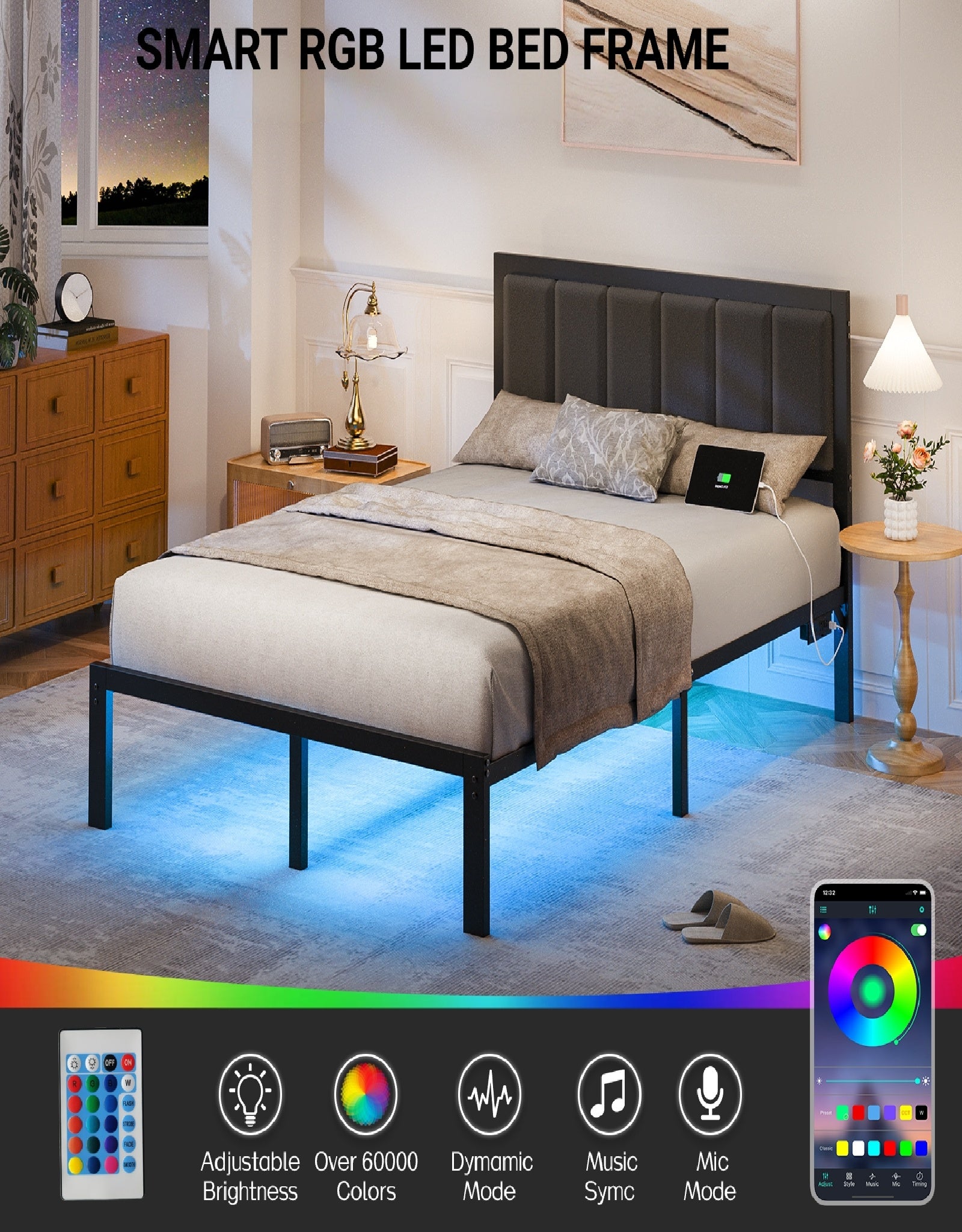 Bexfil Full Size Upholstered Bed Frame with Metal Slat Support, Metal Platform Bed Frame Charging Station Mattress Foundation, Gray