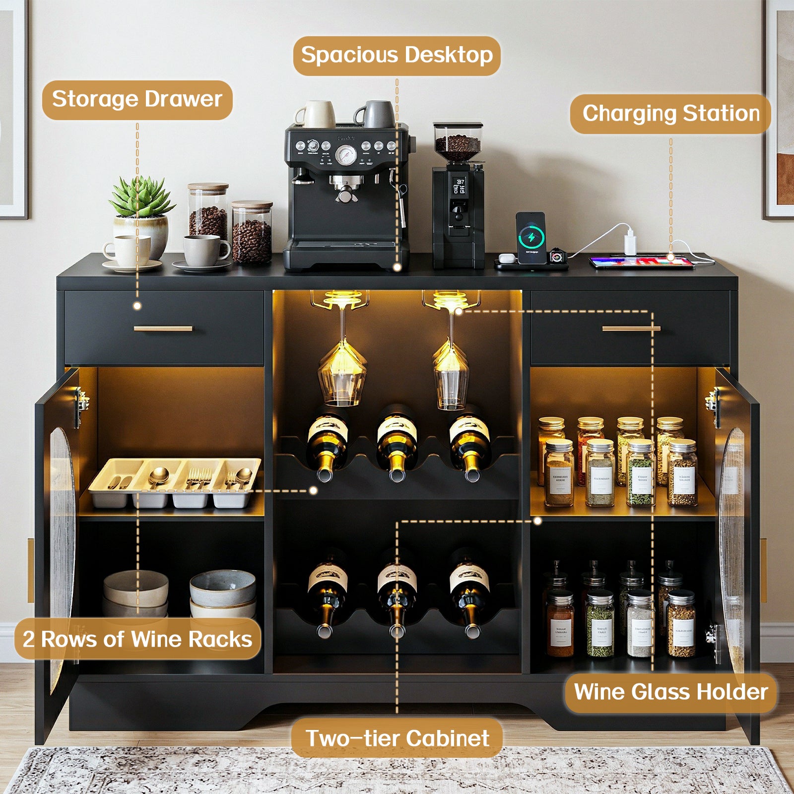 Kbun Coffee Bar Cabinet with Fridge Space, Wine Bar with LED Lights & Power Outlet, Sideboard for Home with Glass Doors, Freestanding Liquor Cabinet, Black