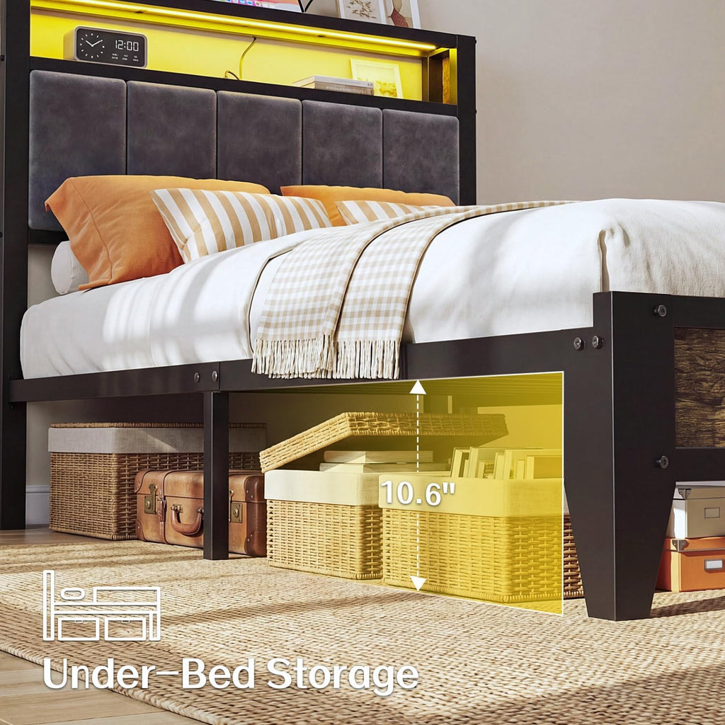 OLEVS Twin Bed Frame with LED Light Storage Headboard Metal Platform Bed| Charging Station Type C, Upholstered 2-Tier Headboard, No Box Spring Needed