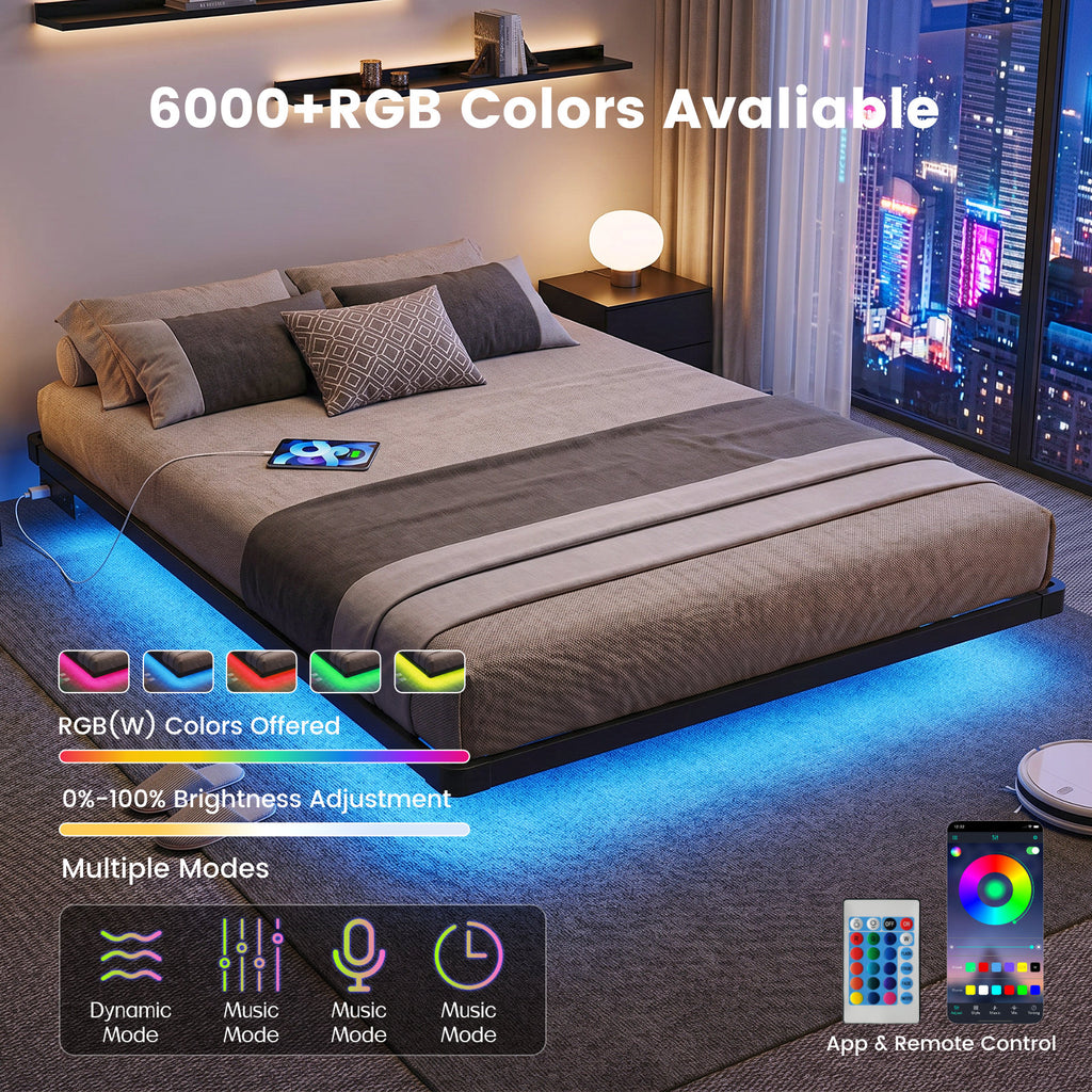Bexfil Modern Floating King Size Bed Frame with LED Lights, Sturdy Metal Platform Bed with Round Safety Corners and Mattress Stabilizers, 1000lbs Heavy Duty Support, Easy Assembly