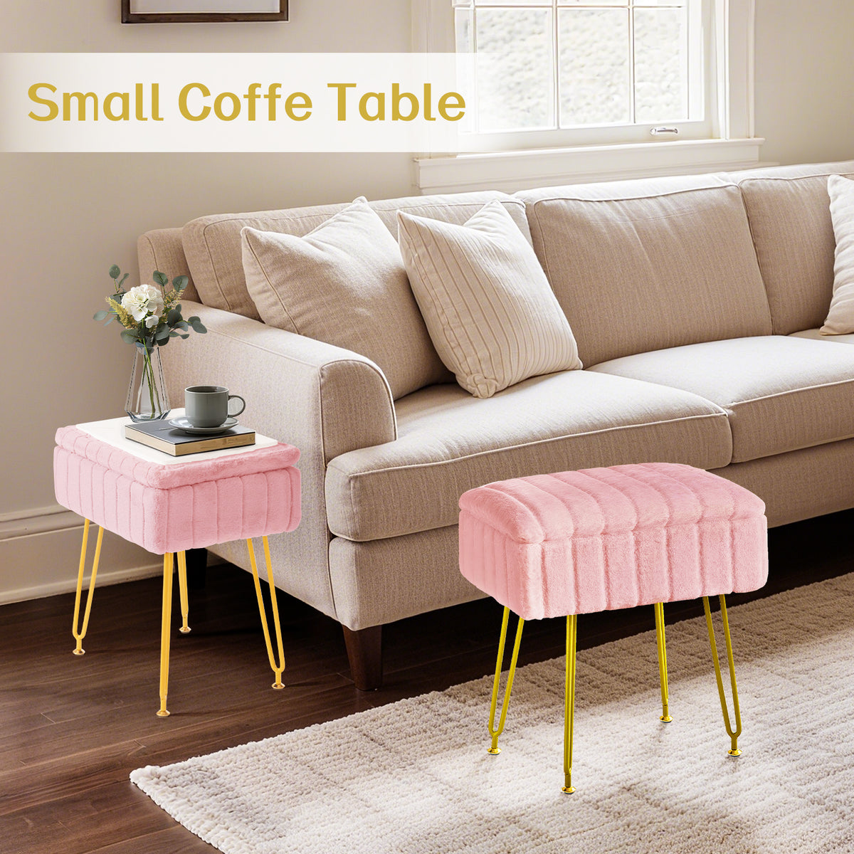 Kbun Faux Fur Vanity Stool with Storage, Makeup Ottoman Chair with Upholstered Seat, Metal Legs & Anti-Slip Feet for Bedroom, Living Room, Pink