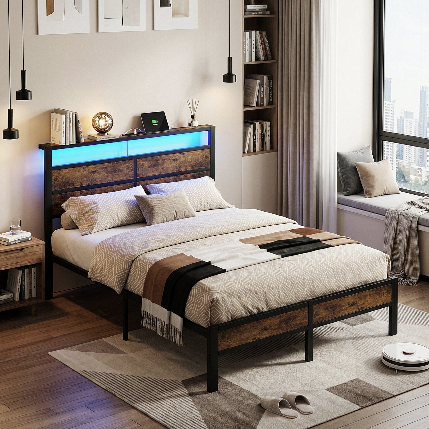 Dayago Full Bed Frames with Charging Station and LED Lights, Full Size Wood Headboard Platform Bed with Metal Slats, No Box Spring Needed and Noise Free, Brown Oak