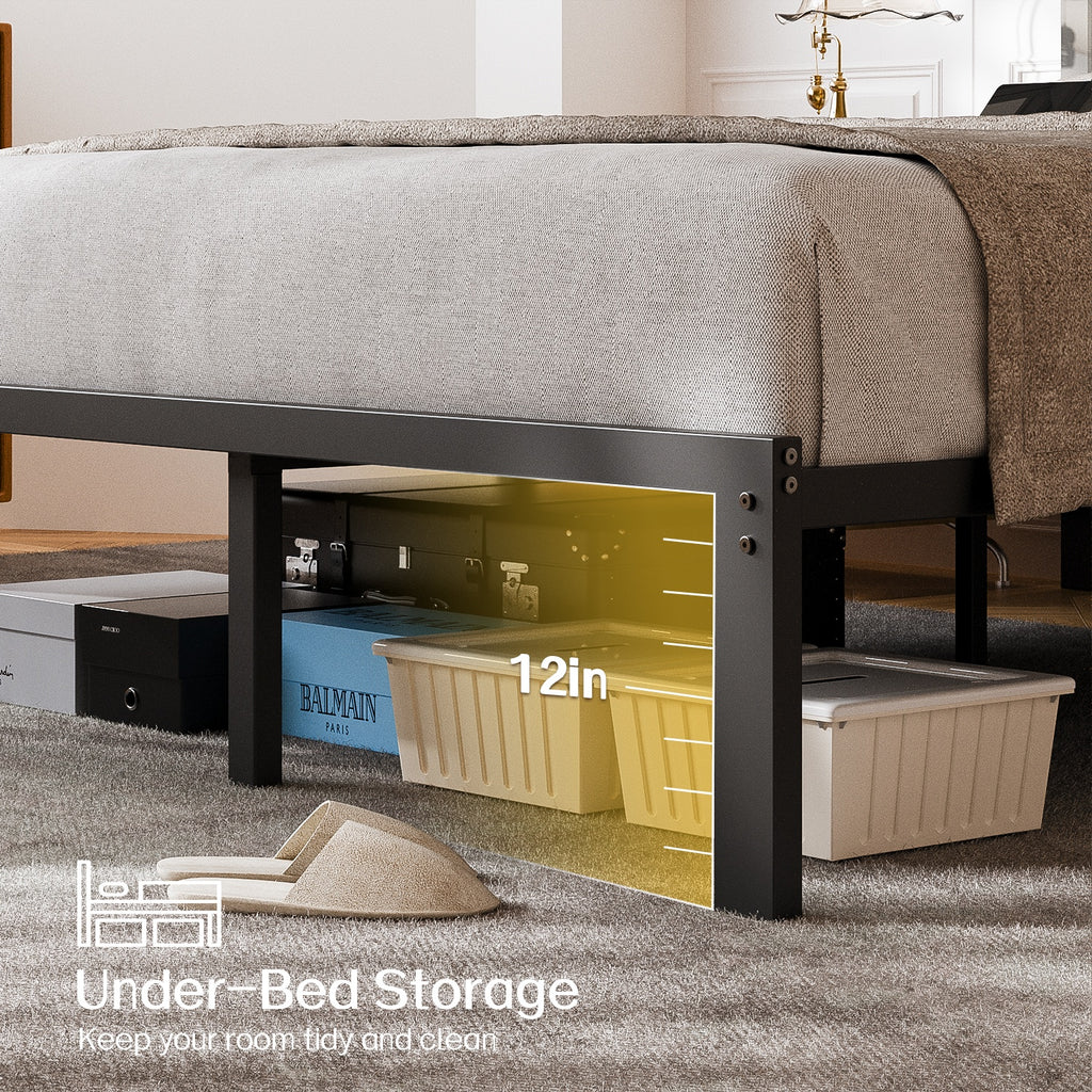 Dayago Queen Size Bed Frame with Upholstered Headboard, LED Light and USB Socket, No Box Spring Required