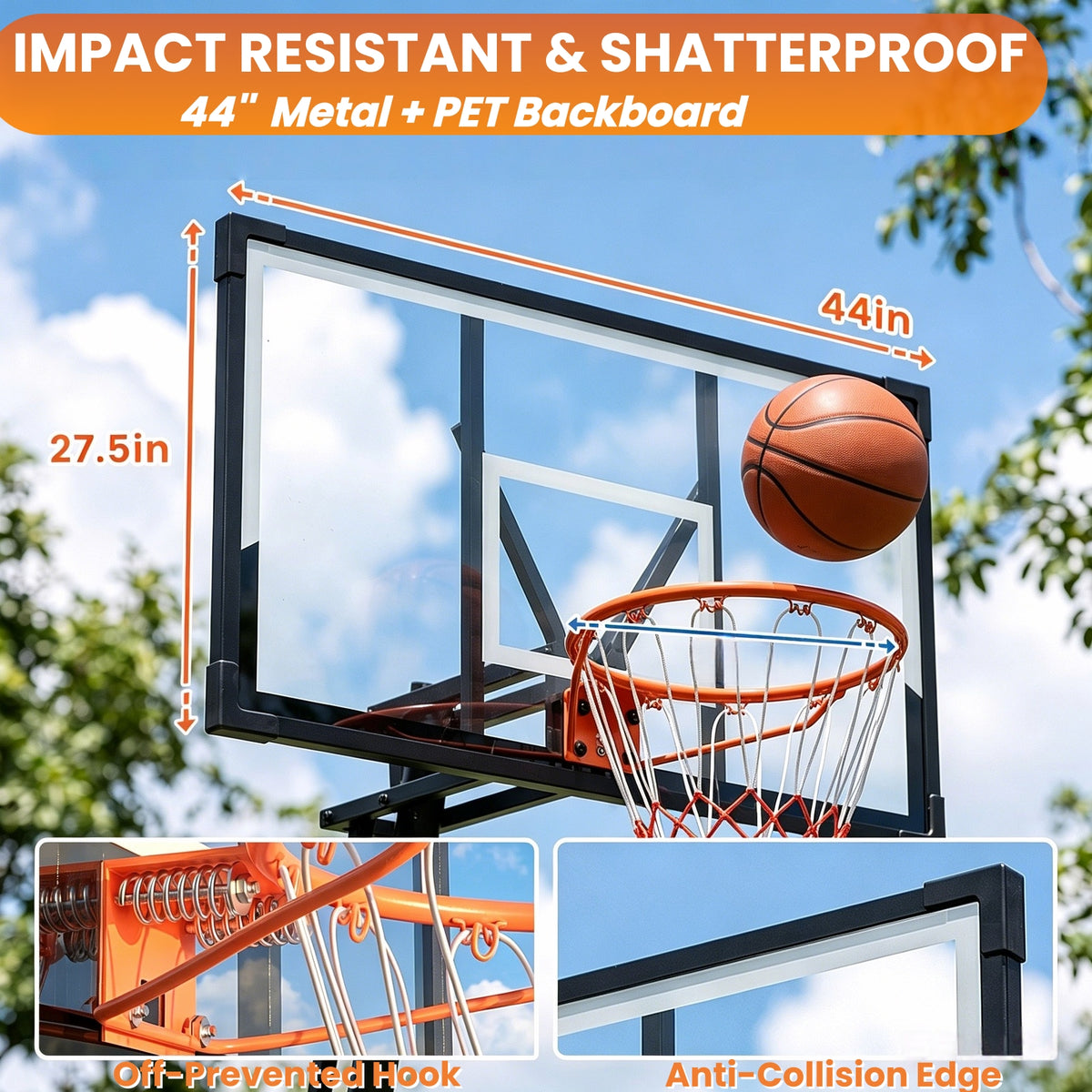 Bexfil 44 inch Portable Basketball Hoop, Adjustable 5.3-10 ft Height with Shatterproof PC Backboard, Outdoor Goal System for Kids & Adults