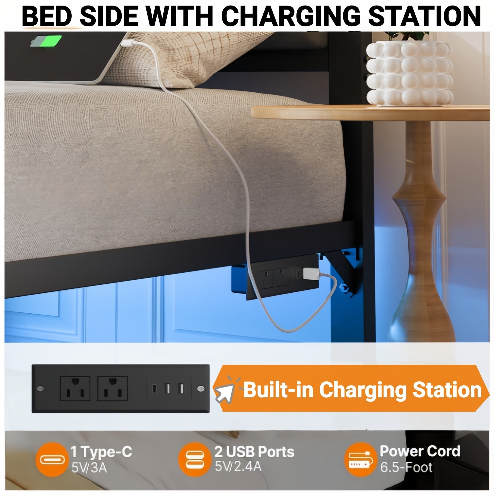 Bexfil Twin Size Upholstered Bed Frame with Metal Slat Support, Metal Platform Bed Frame Charging Station Mattress Foundation, Gray