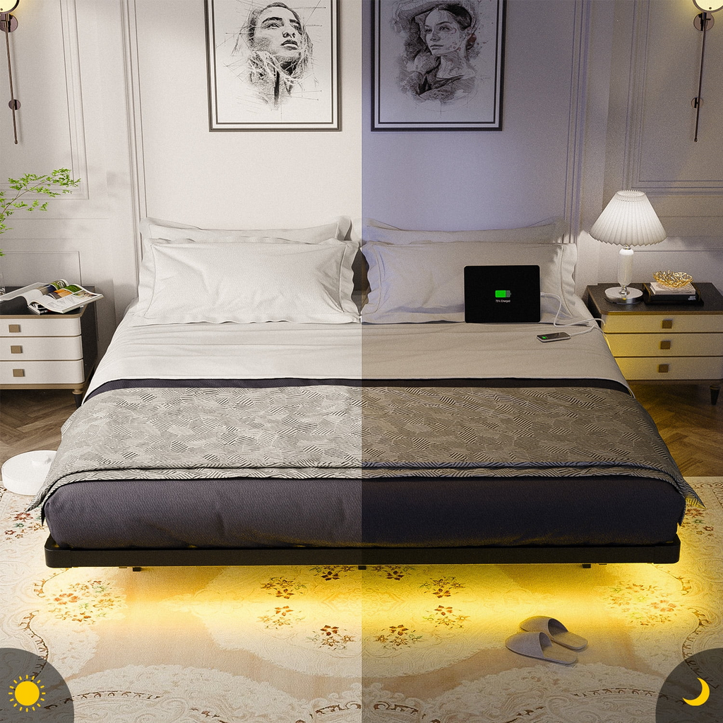 Dayago Floating Bed Frame King Size with LED Lights and Charging Station,Modern Metal Platform,No Box Spring Required