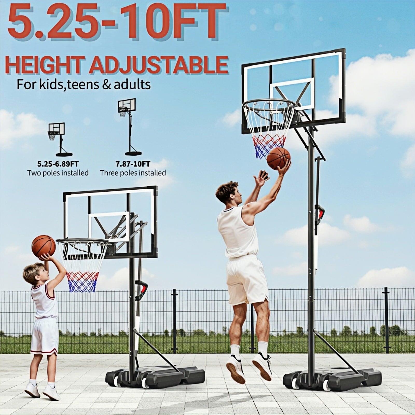 NEDYO Portable Adjustable Basketball Hoop 5.25-10ft with 44" Backboard for Kids, Teens, Adults, New