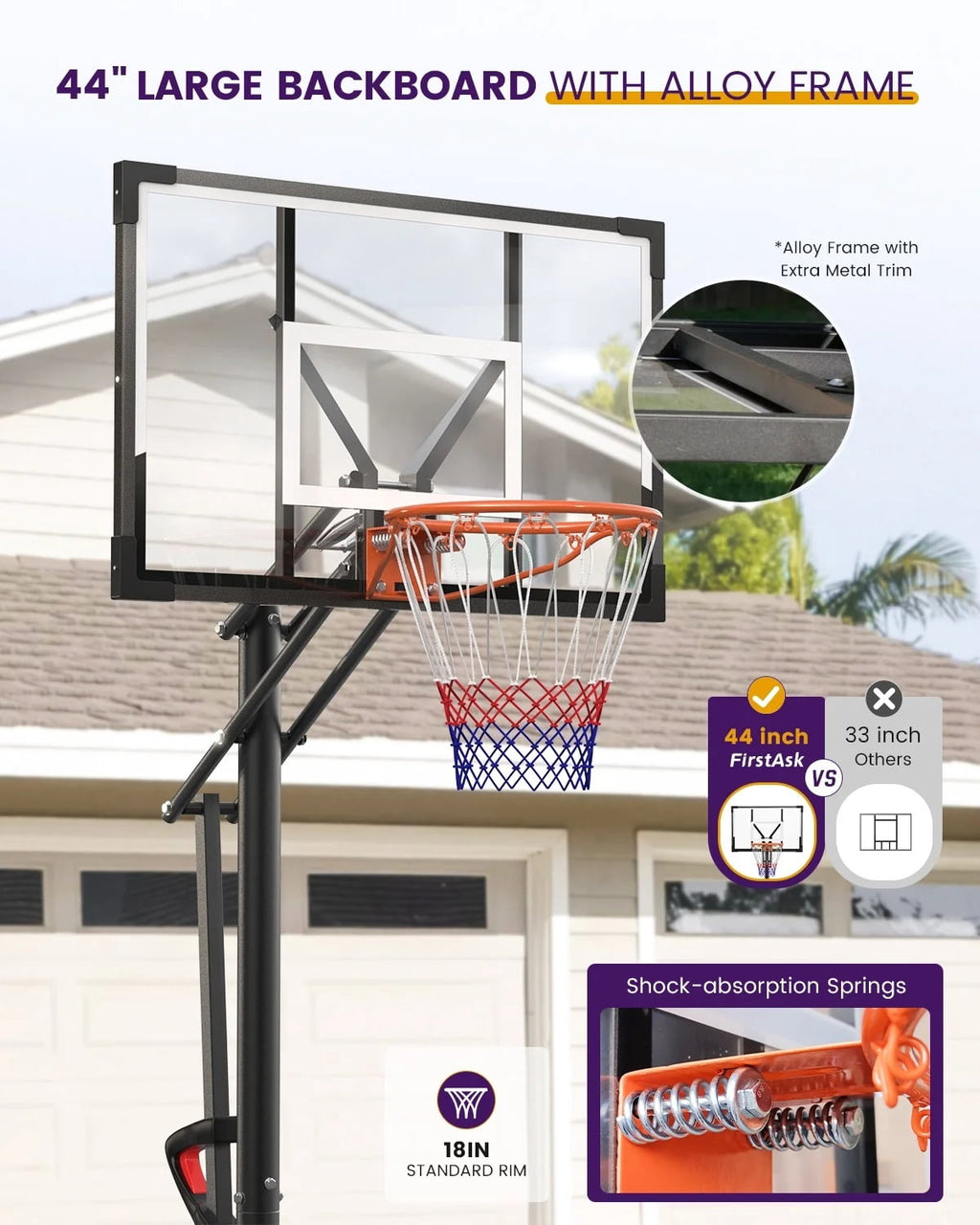 Bexfil Basketball Hoop Outdoor 44 Inch PC Backboard, 5FT-10FT Adjustable Basketball Goal, Portable Basketball Hoop for Kids,Teens,Adults in Backyard, Driveway and Indoor