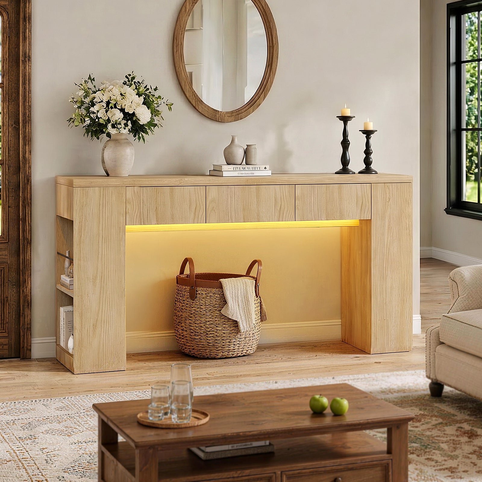 Kbun 71 inch Long Console Table with Drawers, Entryway Sofa Table Behind Couch, Wooden Hallway Table for Living Room, Entryway, Foyer Corridor, Industrial Farmhouse Oak Color