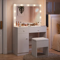 Haewon 32" Vanity Desk with Large Mirror, LED Lights, AC Outlet, USB Ports, Make up Vanity Desk with Mirror and Lights andDrawer & Storage Cabinet, Vanity Set with Cushioned Stool
