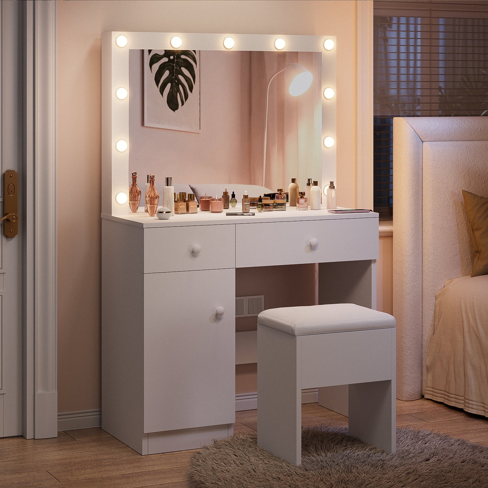 Haewon 32" Vanity Desk with Large Mirror, LED Lights, AC Outlet, USB Ports, Make up Vanity Desk with Mirror and Lights andDrawer & Storage Cabinet, Vanity Set with Cushioned Stool