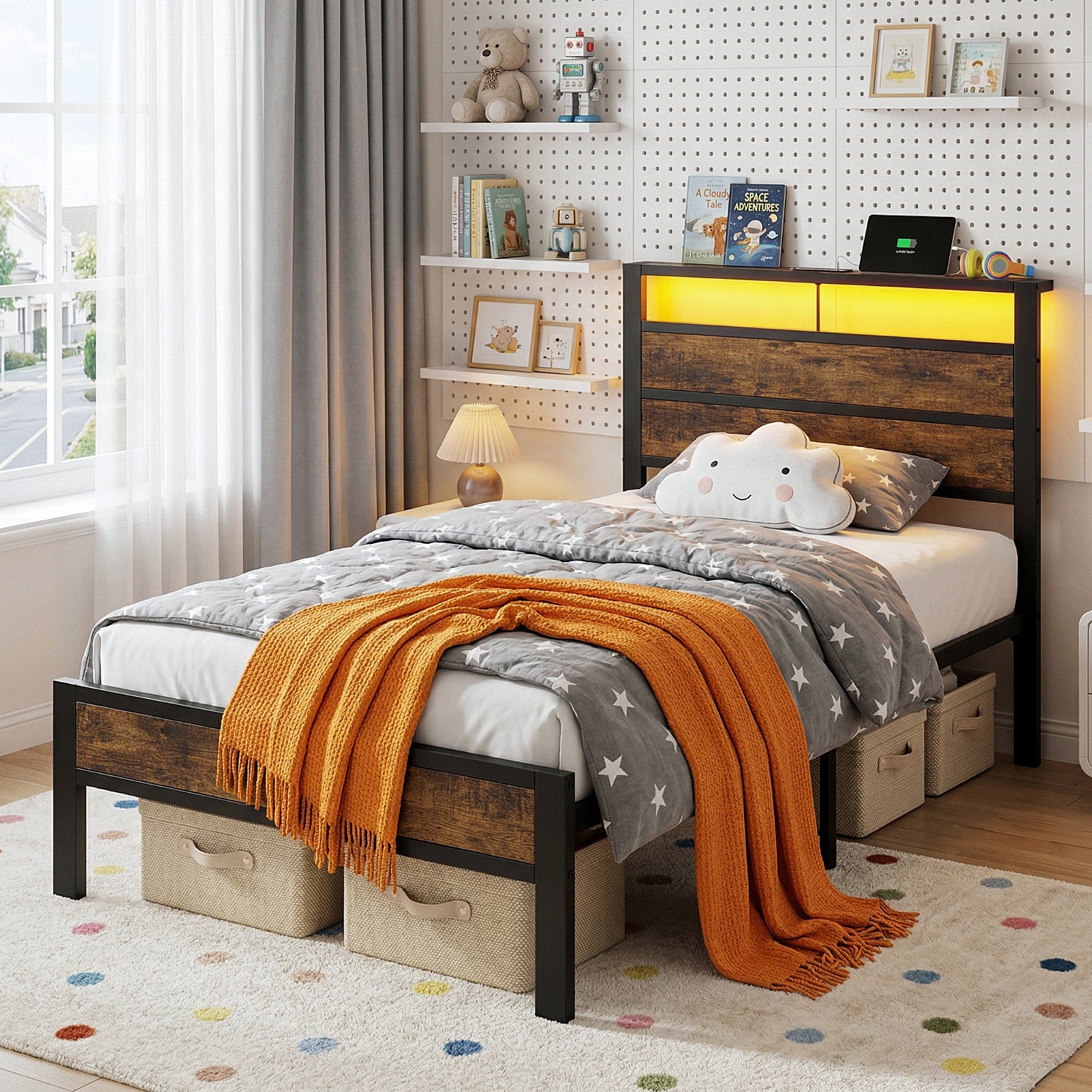 Dayago Twin Bed Frames with Charging Station and LED Lights, Twin Size Wood Headboard Platform Bed with Metal Slats, No Box Spring Needed and Noise Free, Brown Oak