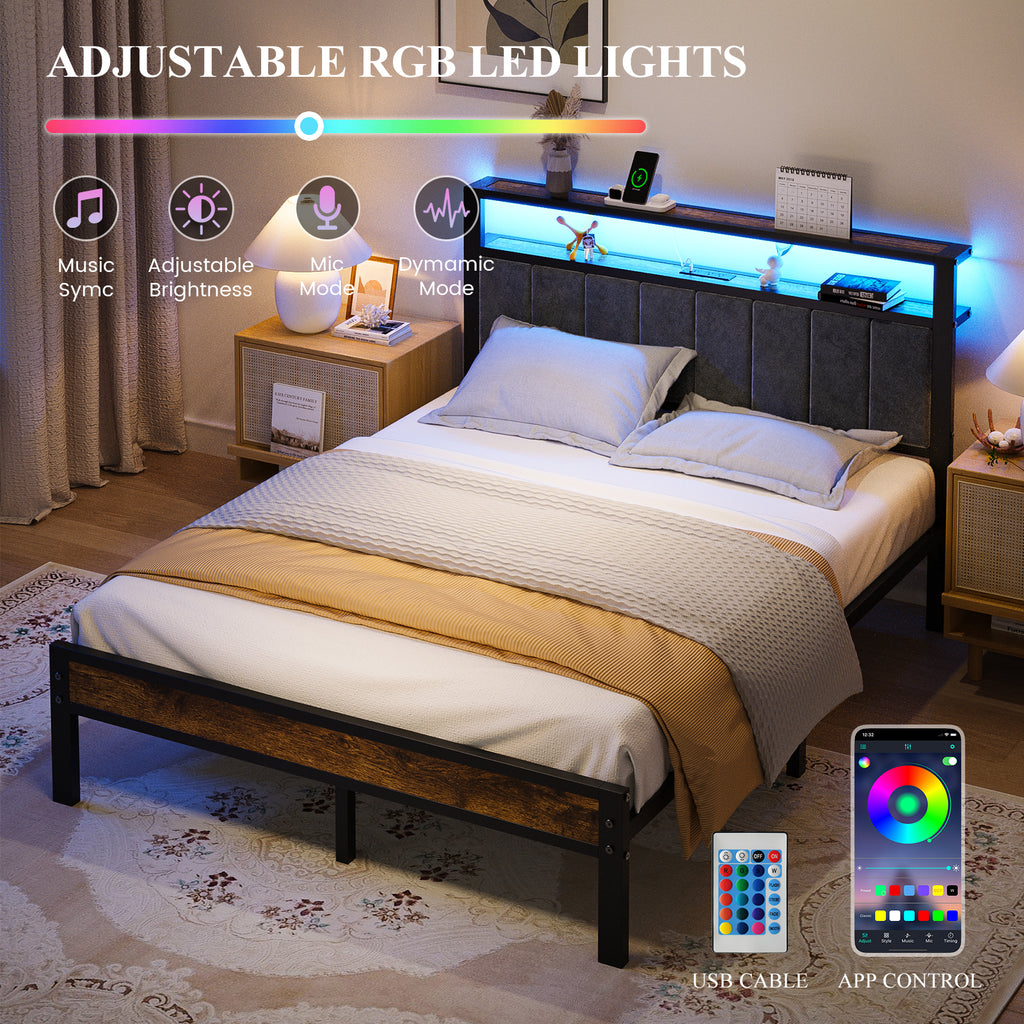 Kbun Queen Bed Frame with Storage Shelves & LED Light Headboard, Metal Platform Bed Frame with USB and Type-C Charging Station, No Box Spring Needed