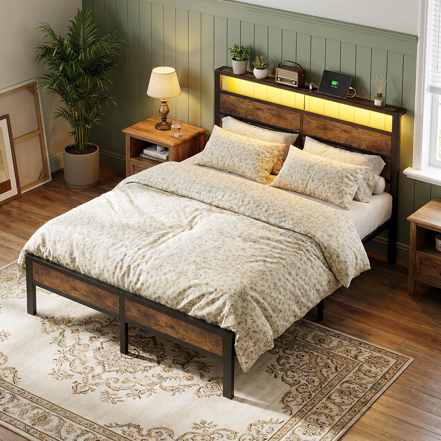 Dayago Full Bed Frames with Charging Station and LED Lights, Full Size Wood Headboard Platform Bed with Metal Slats, No Box Spring Needed and Noise Free, Brown Oak