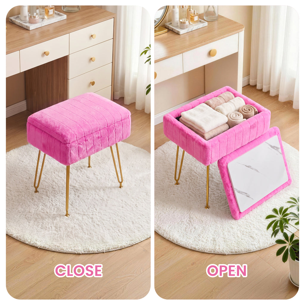 Kbun Faux Fur Vanity Stool with Storage, Makeup Ottoman Chair with Upholstered Seat, Metal Legs & Anti-Slip Feet for Bedroom, Living Room, Rose Pink