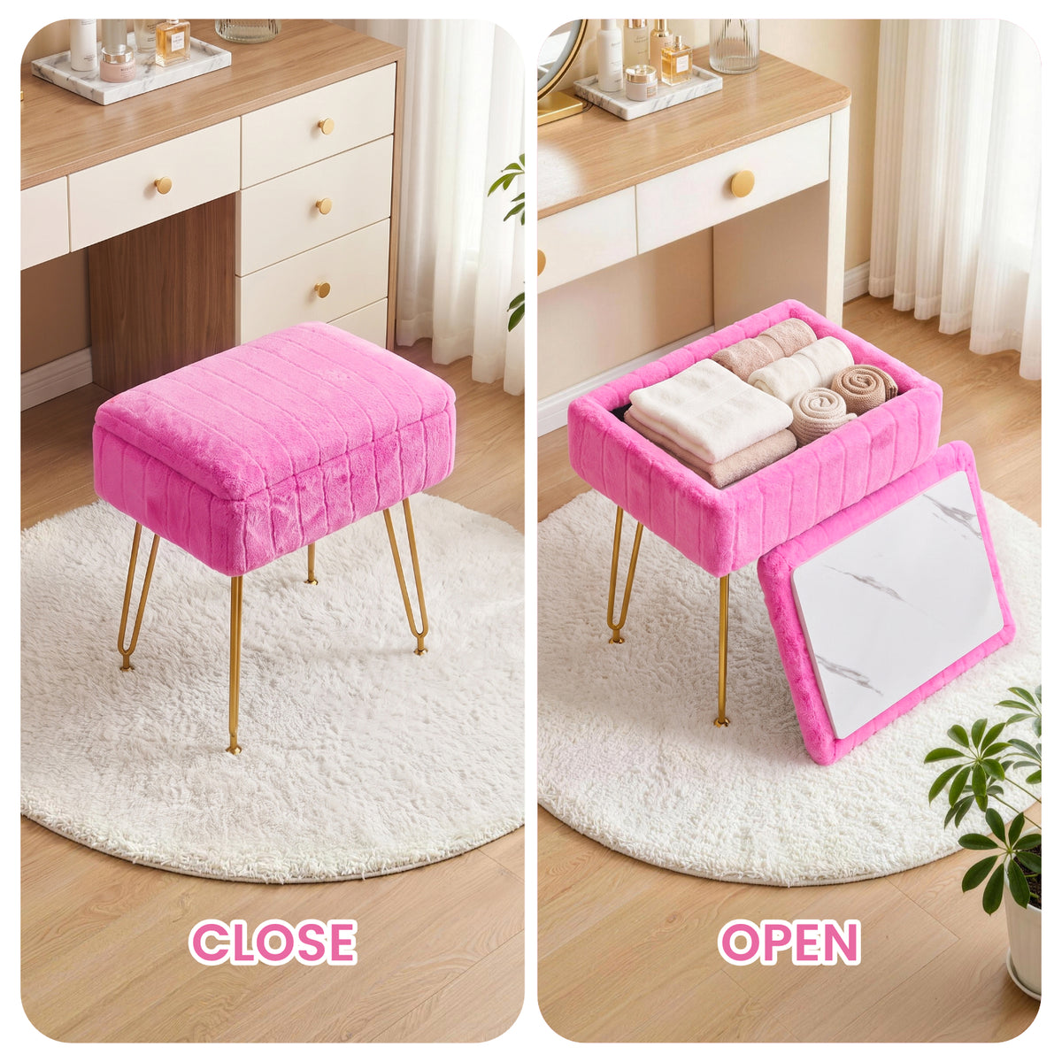 Kbun Faux Fur Vanity Stool with Storage, Makeup Ottoman Chair with Upholstered Seat, Metal Legs & Anti-Slip Feet for Bedroom, Living Room, Rose Pink