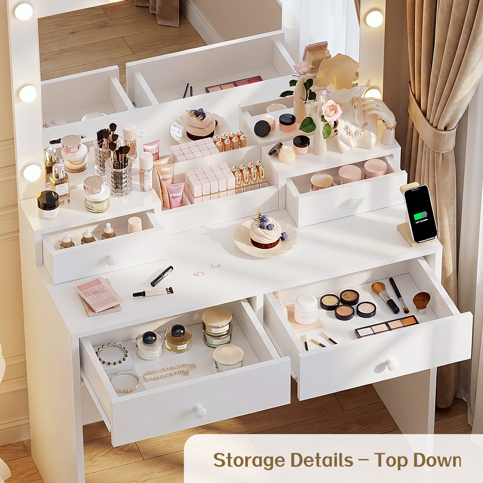 Haewon 31" Vanity Desk with Mirror, LED Lights and Charging Station, Makeup Vanity with Storage Stool, Vanity Set for Bedroom, White