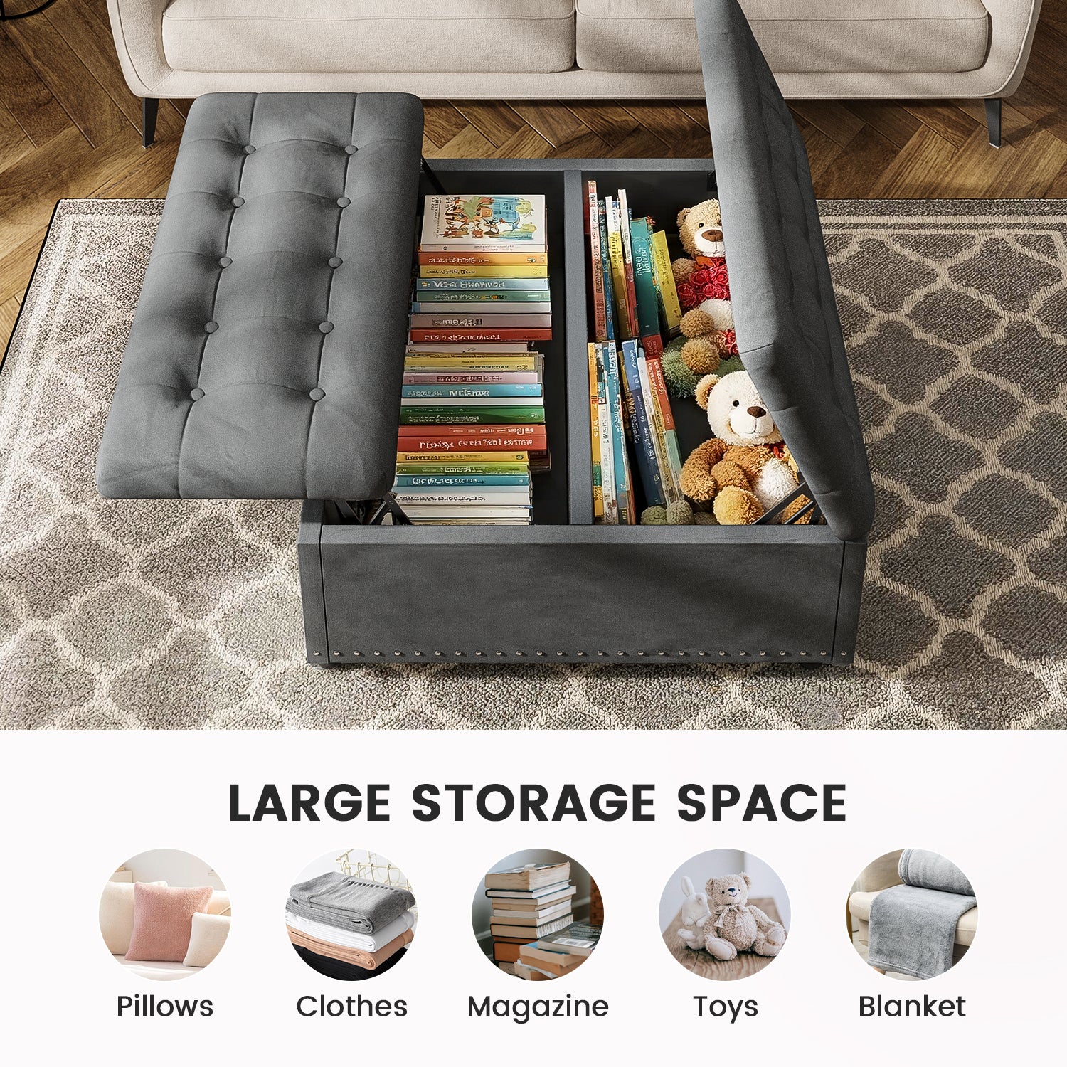 Kbun 33.5 inch Large Square Storage Ottoman, Tufted Upholstered Coffee Table with Lift Top & Solid Wood Legs, Oversized Storage Bench Ottomans Toy Box for Bedroom, Living Room, Entryway, Grey