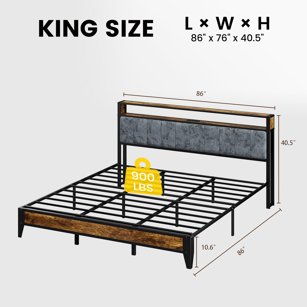 Dayago King Size Bed Frame, Storage Headboard with Charging Station, Solid and Stable, Noise Free, No Box Spring Needed, Easy Assembly, Rustic Brown