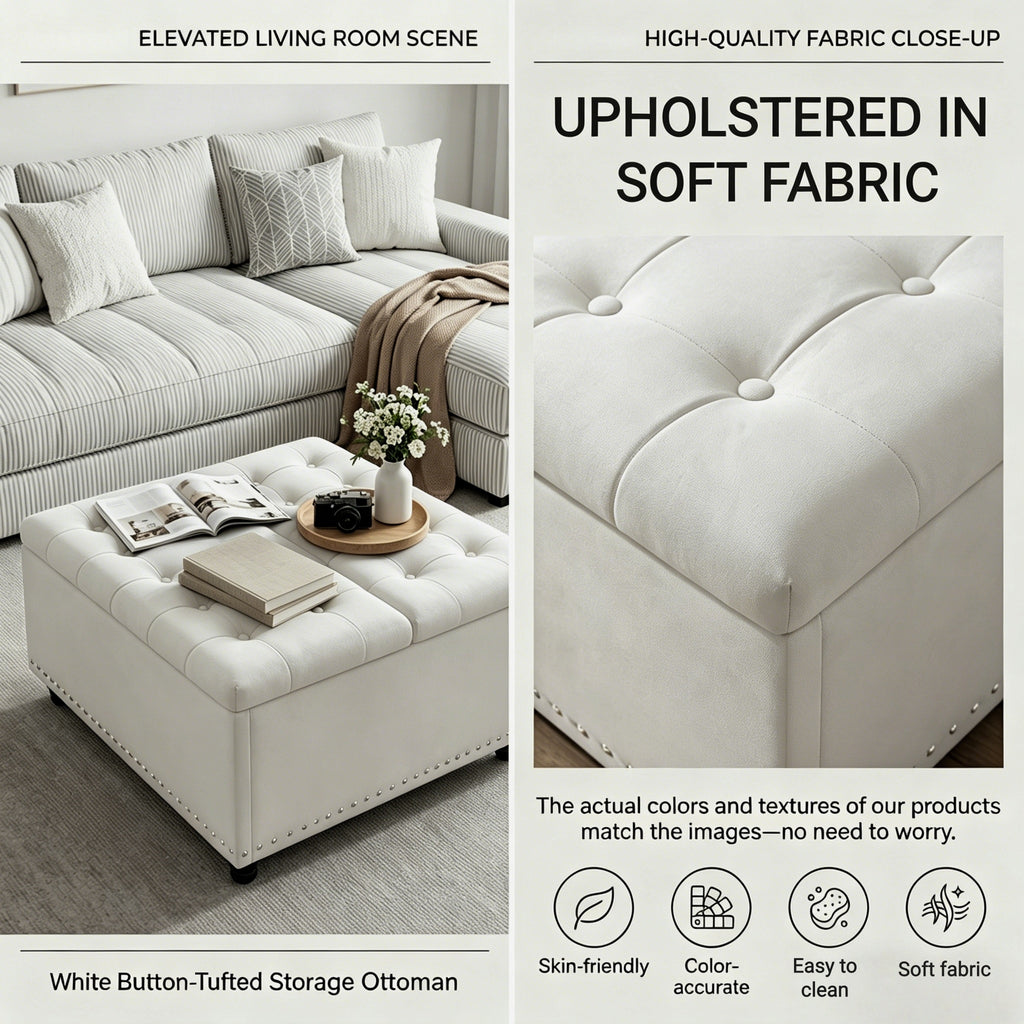 Bexfil Large Square Storage Ottoman, Coffee Table Storage Ottoman, Tufted Upholstered Oversized Square Ottoman for Living Room, White
