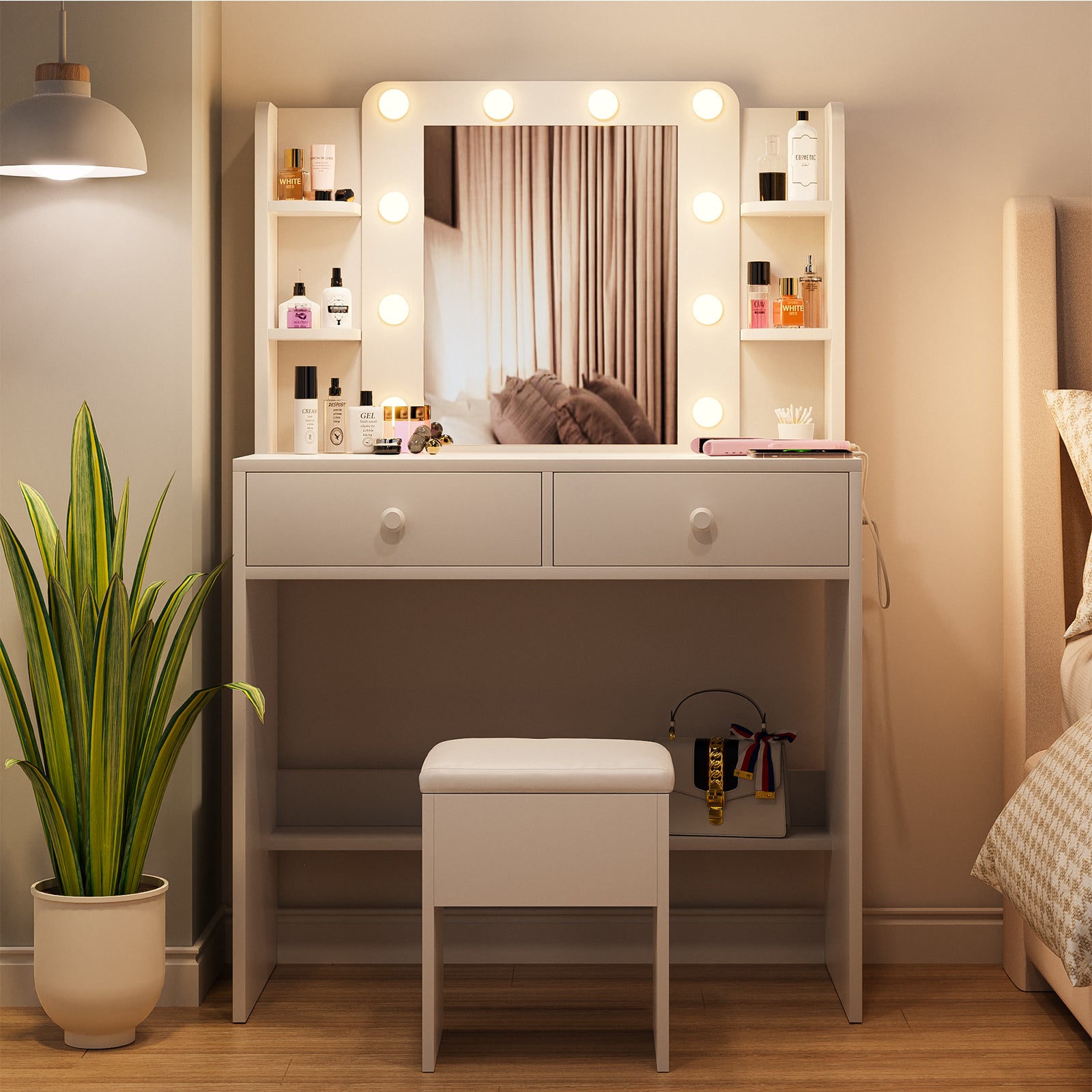 Haewon White Vanity Desk with Mirror and Lights, Makeup Vanity with 10 LED Bulbs and 3 Color Modes, Dressing Table Set with Power Outlets, Storage Drawers and Chair for Bedroom