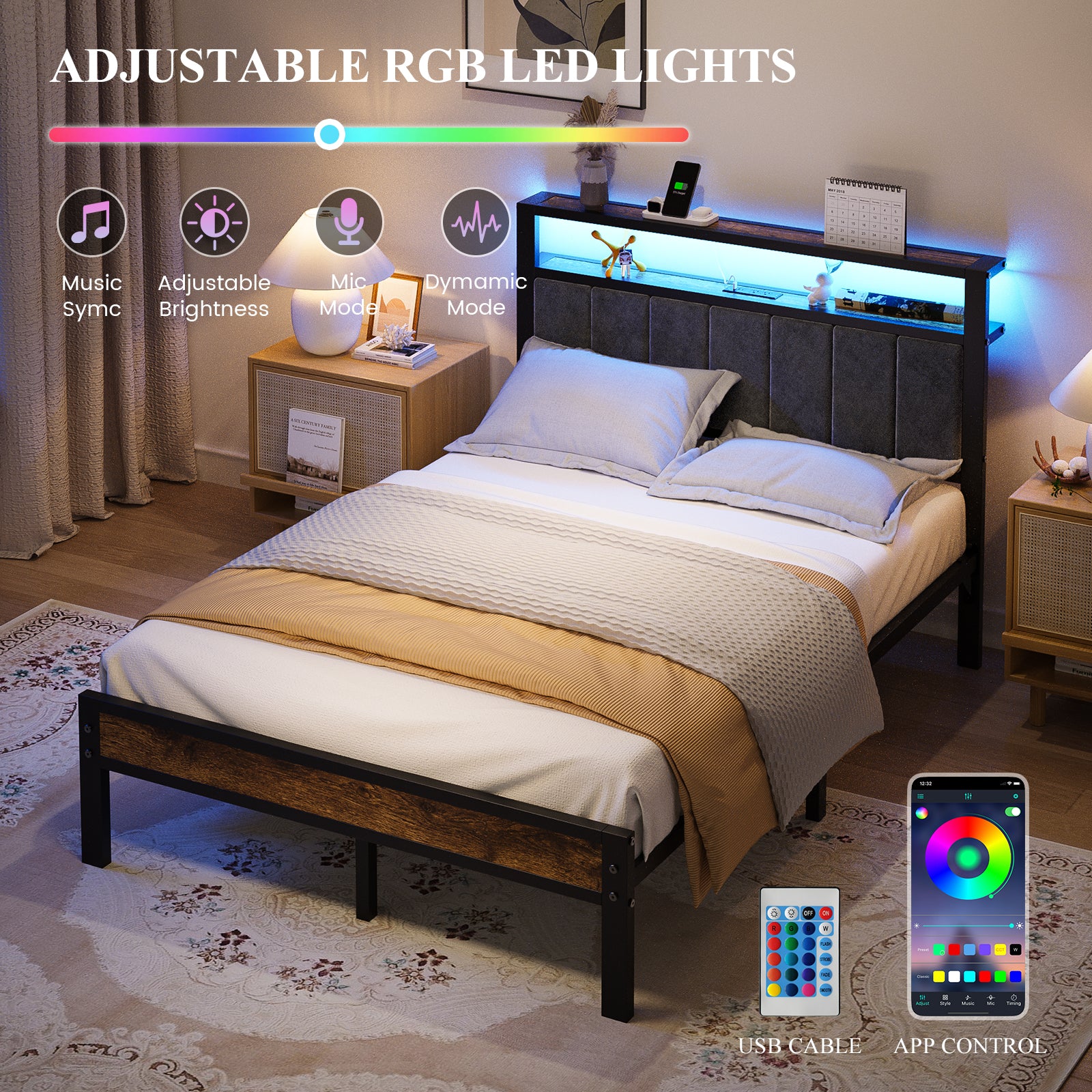 Kbun Full Bed Frame with Charging Station and LED Lights, Full Size Platform Bed with Metal Slats, Upholstered Headboard with 2-Tier Storage Shelves, No Box Spring Needed