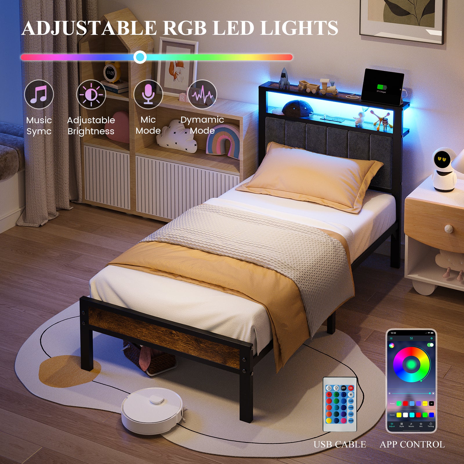Bexfil Twin Size Bed Frame with LED Lights, Charging Station and Shelf Upholstered Headboard, Heavy Duty Metal Platform Bed, Noise Free, No Box Spring Needed Brown