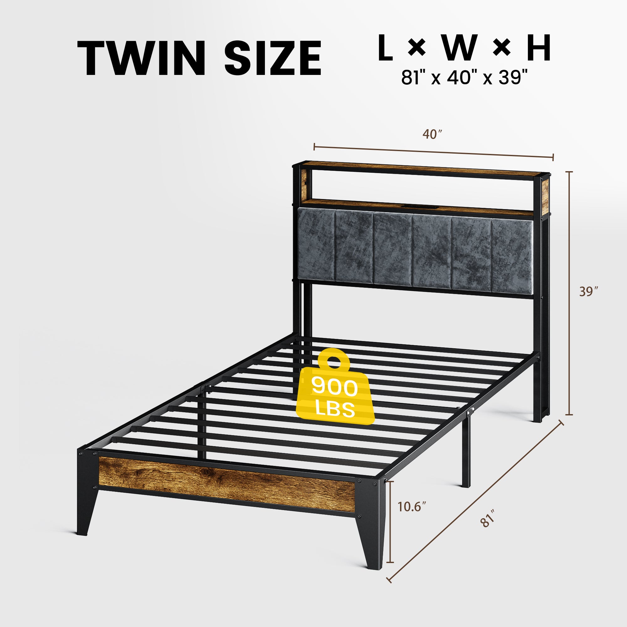 Dayago Twin Size Bed Frame, Storage Headboard with Charging Station, Solid and Stable, Noise Free, No Box Spring Needed, Easy Assembly, Rustic Brown