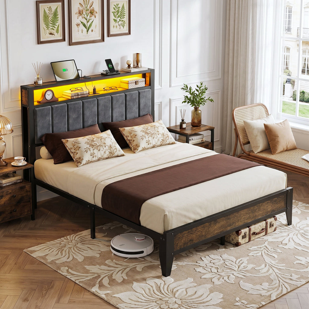 Bexfil Queen Size Platform Bed Frame with LED Light and Charging Station Storage Headboard, Great Support and Long-Term Durability, Weight Capacity of 1700 lbs