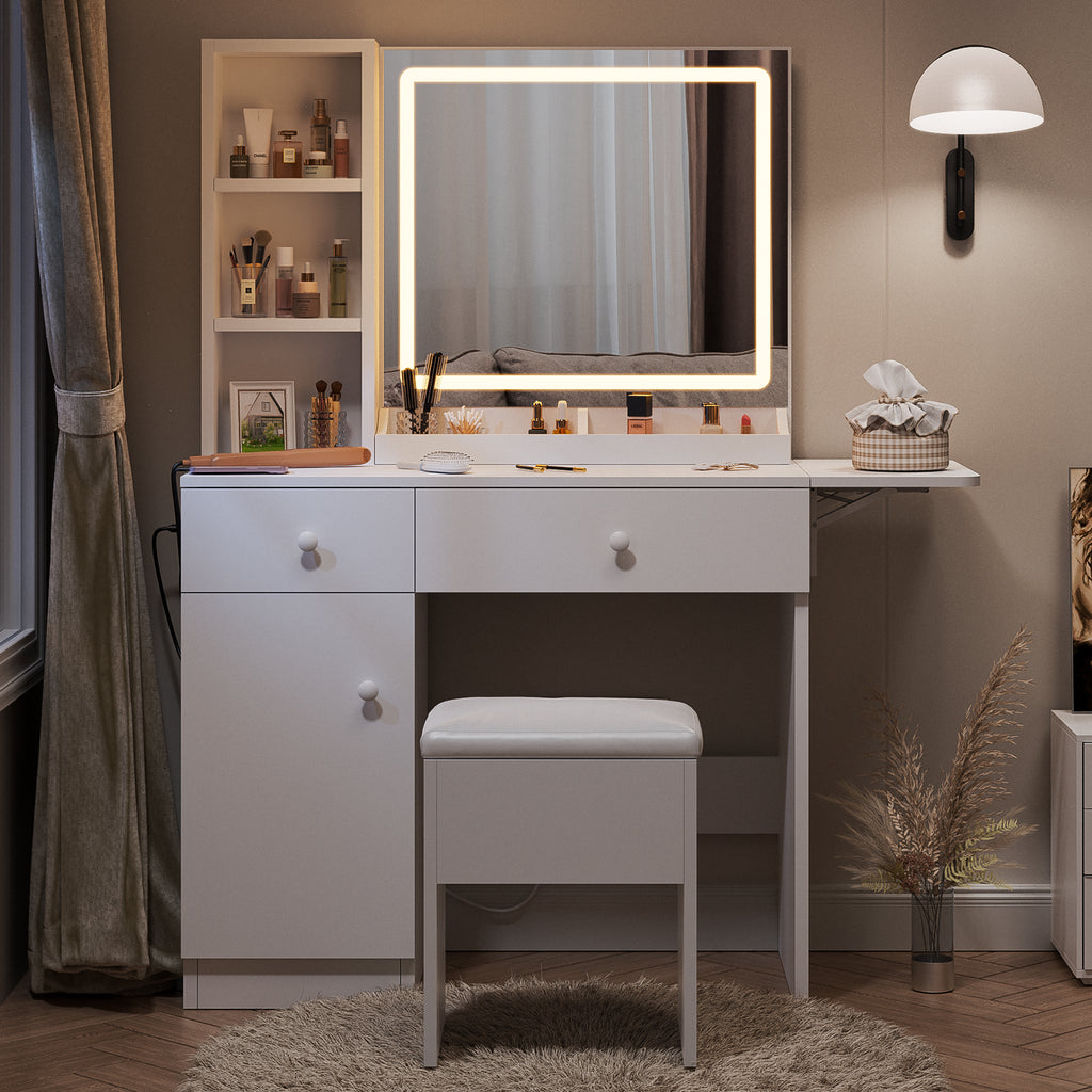 Haewon 35" Vanity Desk with Mirror, LED Light, Power Outlet, Makeup Vanity with Storage Cabinet and Foldable Panel, Vanity Set with Cushioned Stool, White