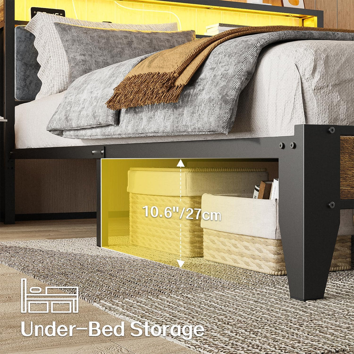 OLEVS Queen Size Bed Frame with Charging Station & LED Light, 2-Tier Storage Headboard & Footboard, Noise-Free Metal Platform Bed No Box Spring Needed, Easy Assembly