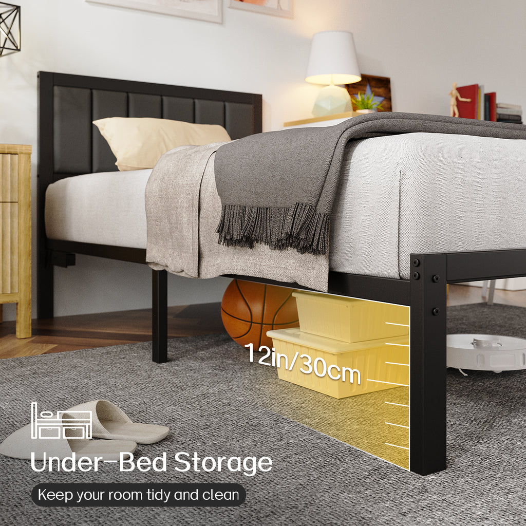 Kbun Metal Platform Bed Frame, Twin Bed Frame with Upholstered Headboard, Charage Station and LED Light Strip, Under-Bed Storage, No Box Spring Needed, Easy Assembly, Gray