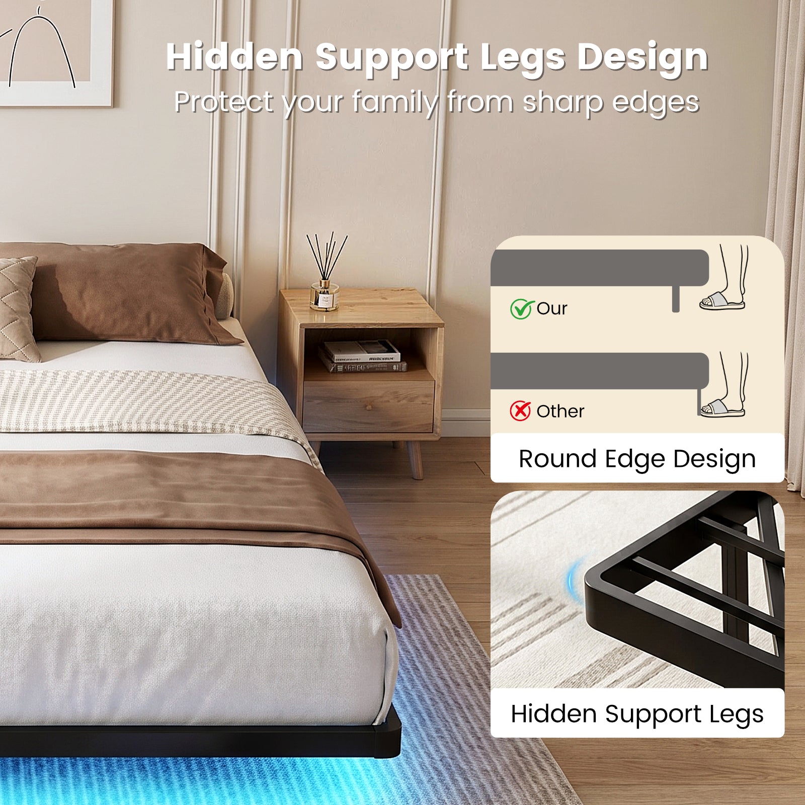 Bexfil King Size LED Floating Bed Frame with Remote Control and Charging Station, No Box Spring Needed, Easy to Assemble