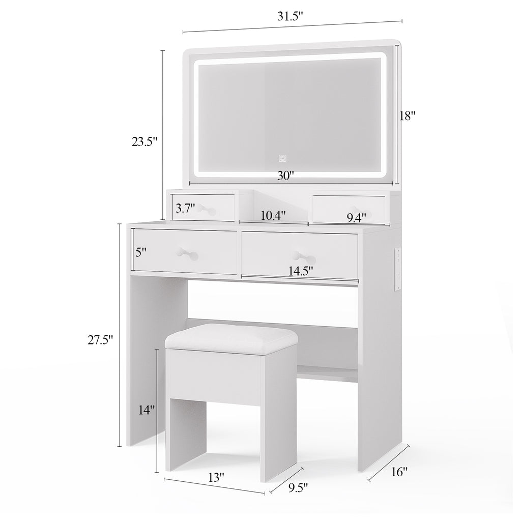 Bexfil White Vanity Desk Set With Led Lighted Mirror and Power Outlet, Makeup Table Top with 1 Open Bookcases, 4 Drawers, Dresser Table for Bedroom, Checkroom