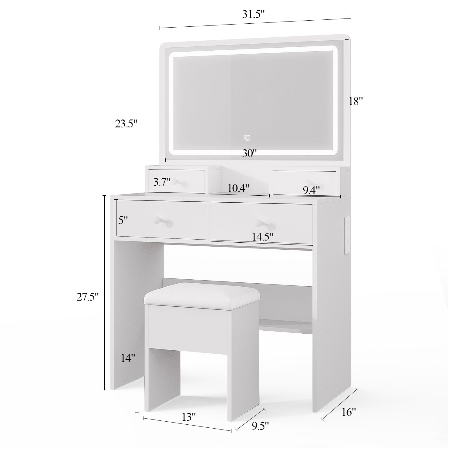 Bexfil White Vanity Desk Set With Led Lighted Mirror and Power Outlet, Makeup Table Top with 1 Open Bookcases, 4 Drawers, Dresser Table for Bedroom, Checkroom