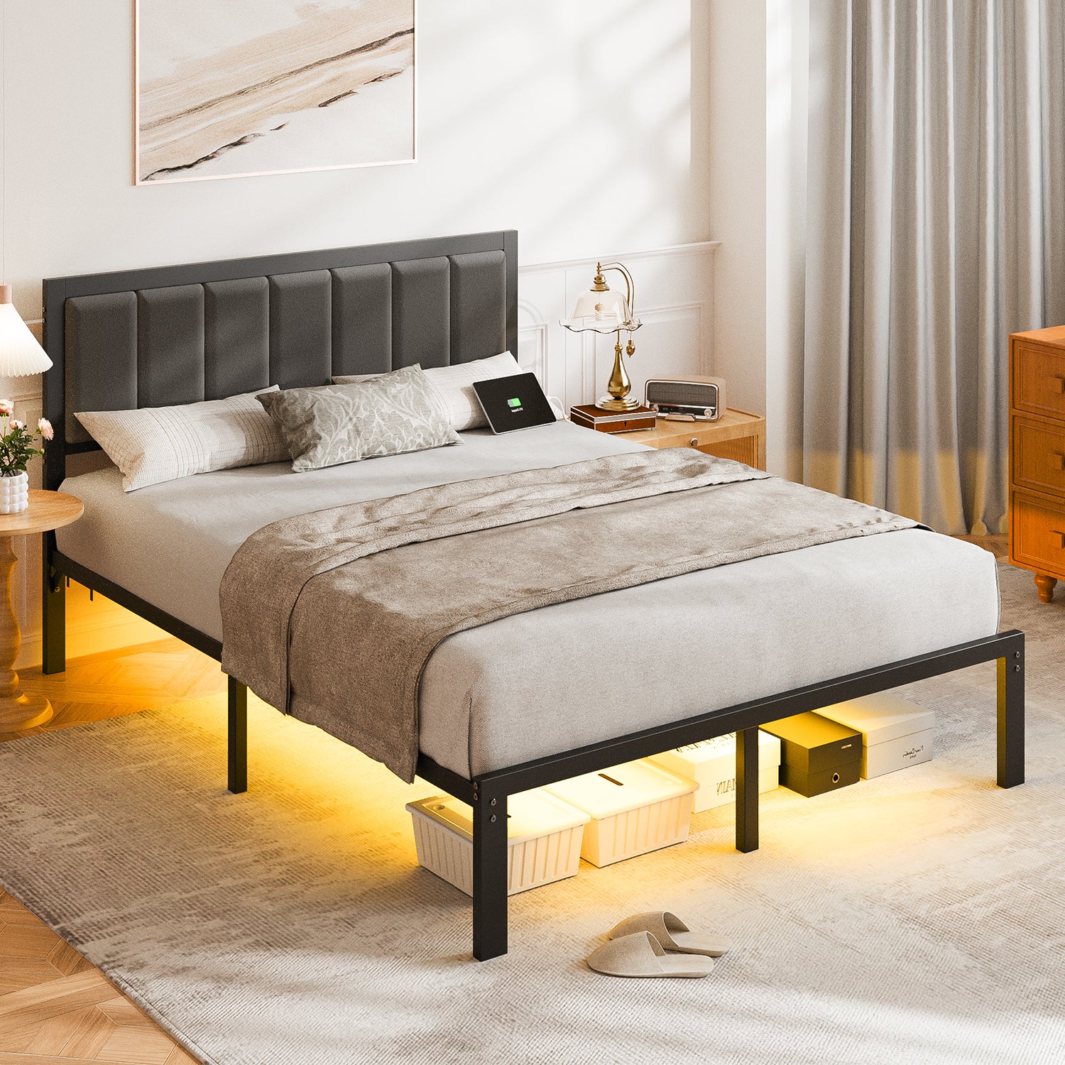 Kbun Queen Bed Frame with Headboard, Outlets and LED Lights, Heavy Duty Metal Platform with Storage Space Under Frame, No Box Spring Needed, Noise Free, Gray