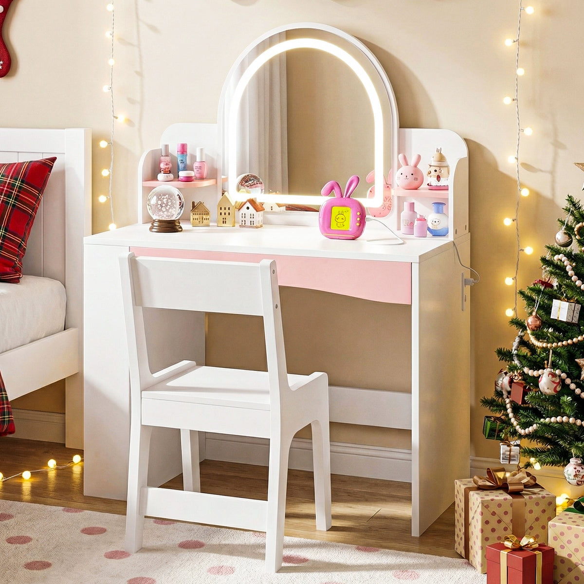 Kbun 27.5 in Wooden Kids' Vanity Set, Princess Style Dressing Table, Stool, and Furniture Set for Girls Ideal Birthday Gift ,White