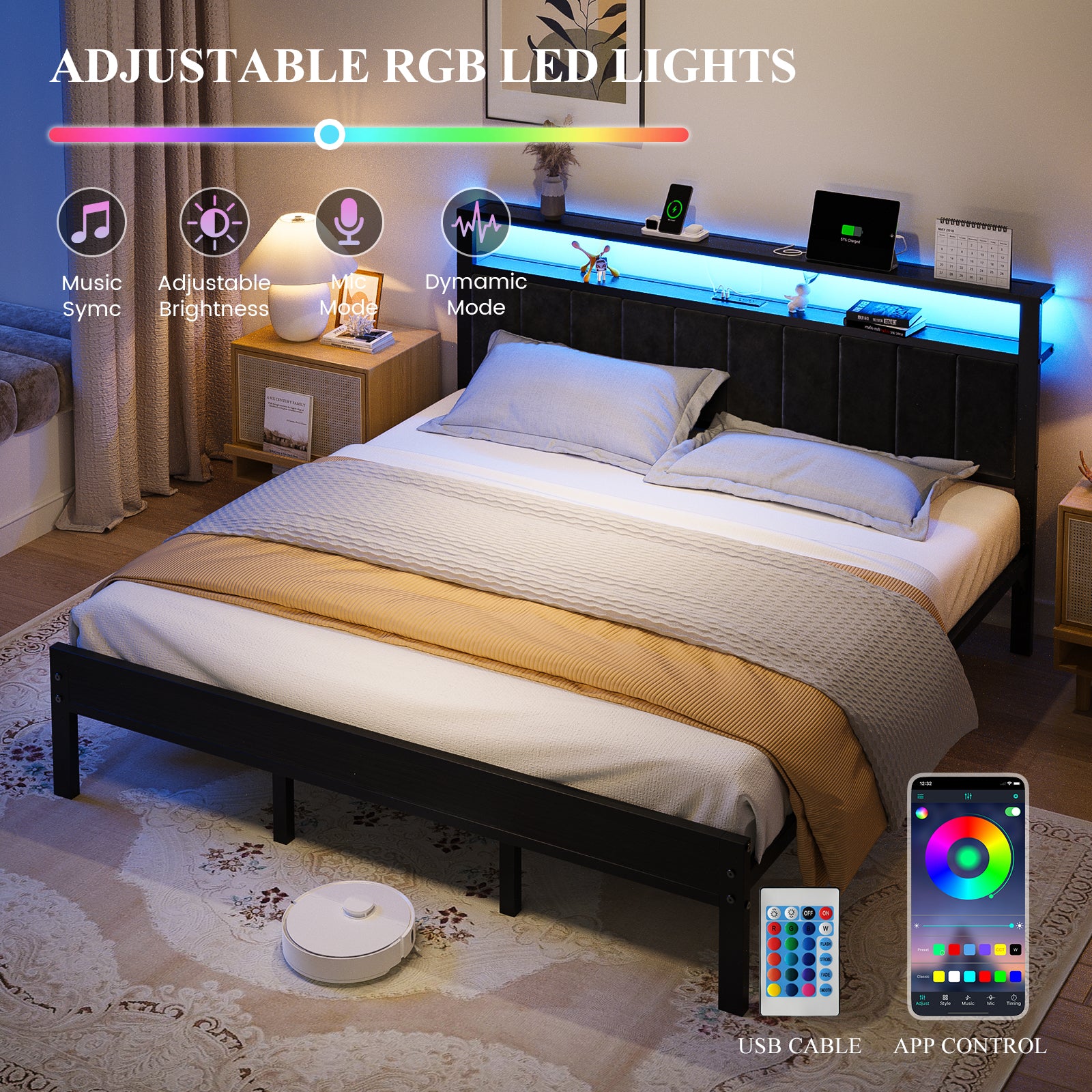 Kbun King Size Platform Bed Frame with Upholstered Headboard, Metal Bed Frame with LED Light, Heavy Duty Steel Slat Supported Full Bed Frames, No Box Spring Needed, Black