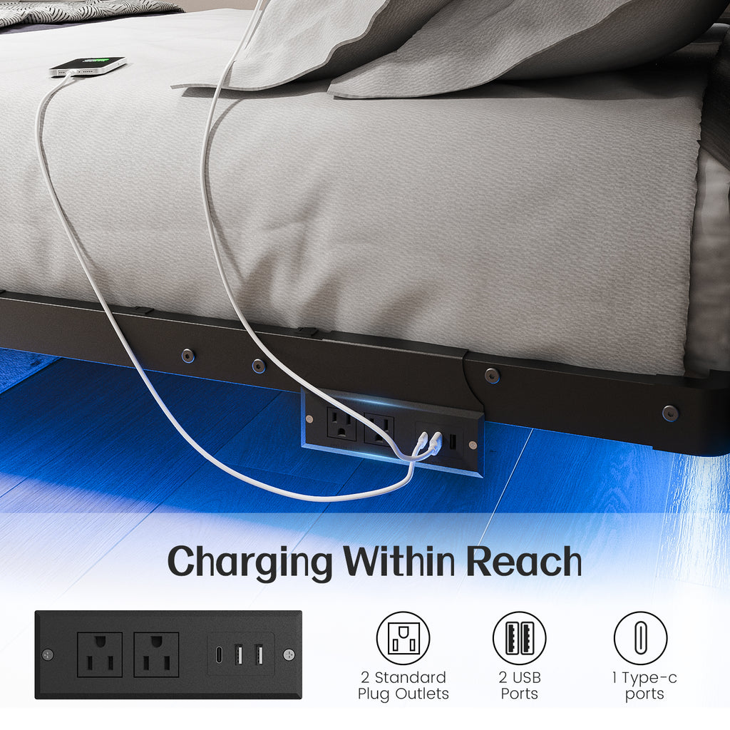 Kbun Full Floating Bed Frame with Smart LED Lights and Charging Station, Heavy Duty Metal Platform Bed Frame, Noise-Free, Under-Bed Storage, No Box Spring Needed