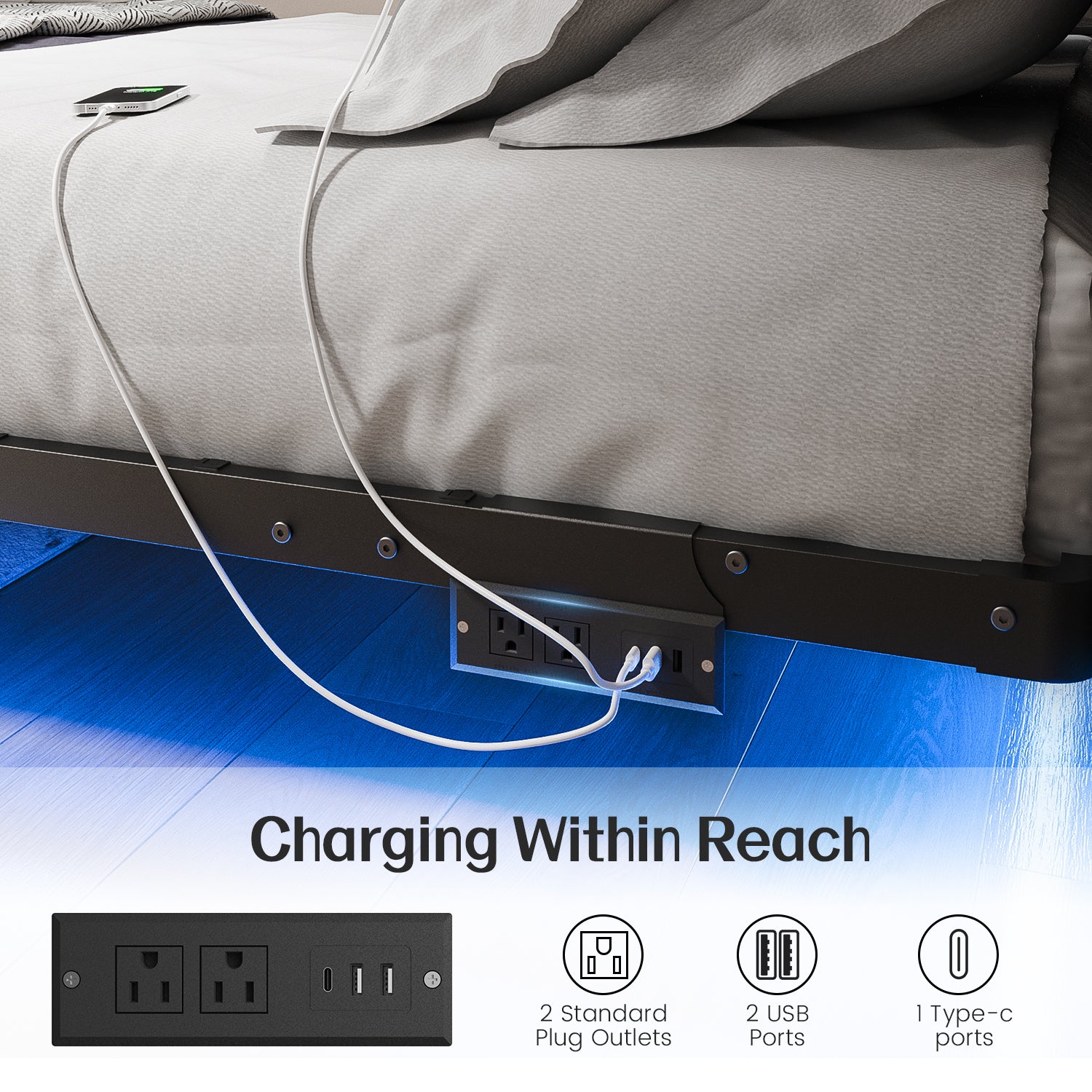 Kbun Full Floating Bed Frame with Smart LED Lights and Charging Station, Heavy Duty Metal Platform Bed Frame, Noise-Free, Under-Bed Storage, No Box Spring Needed