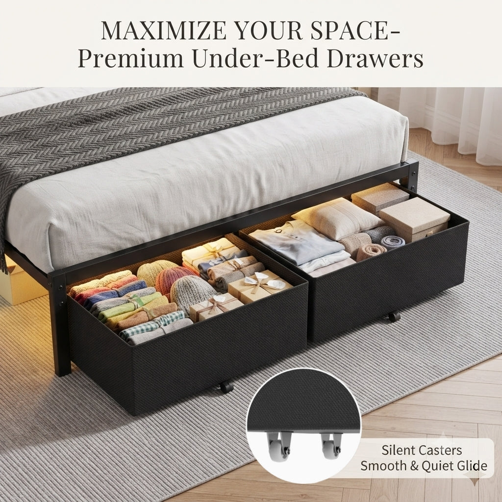 Kbun Queen Bed Frame with 2 Drawers and Upholstered Headboard, Outlets and LED Lights, Heavy Duty Metal Platform with Storage Space Under Frame, No Box Spring Needed, Noise Free, Gray