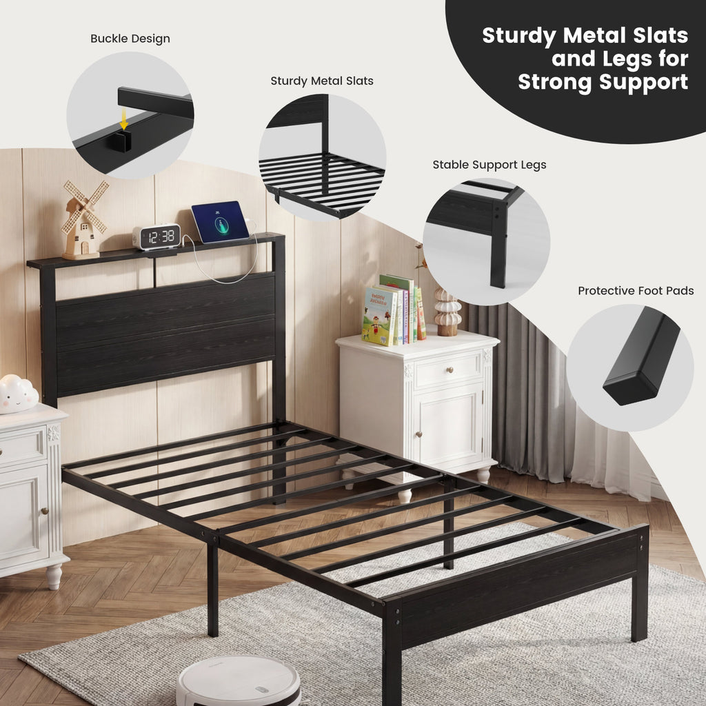 Kbun Twin Size Platform Bed Frame with Fabric Wood Headboard, Metal Bed Frame with LED Light, Heavy Duty Steel Slat Supported Full Bed Frames, No Box Spring Needed, Black
