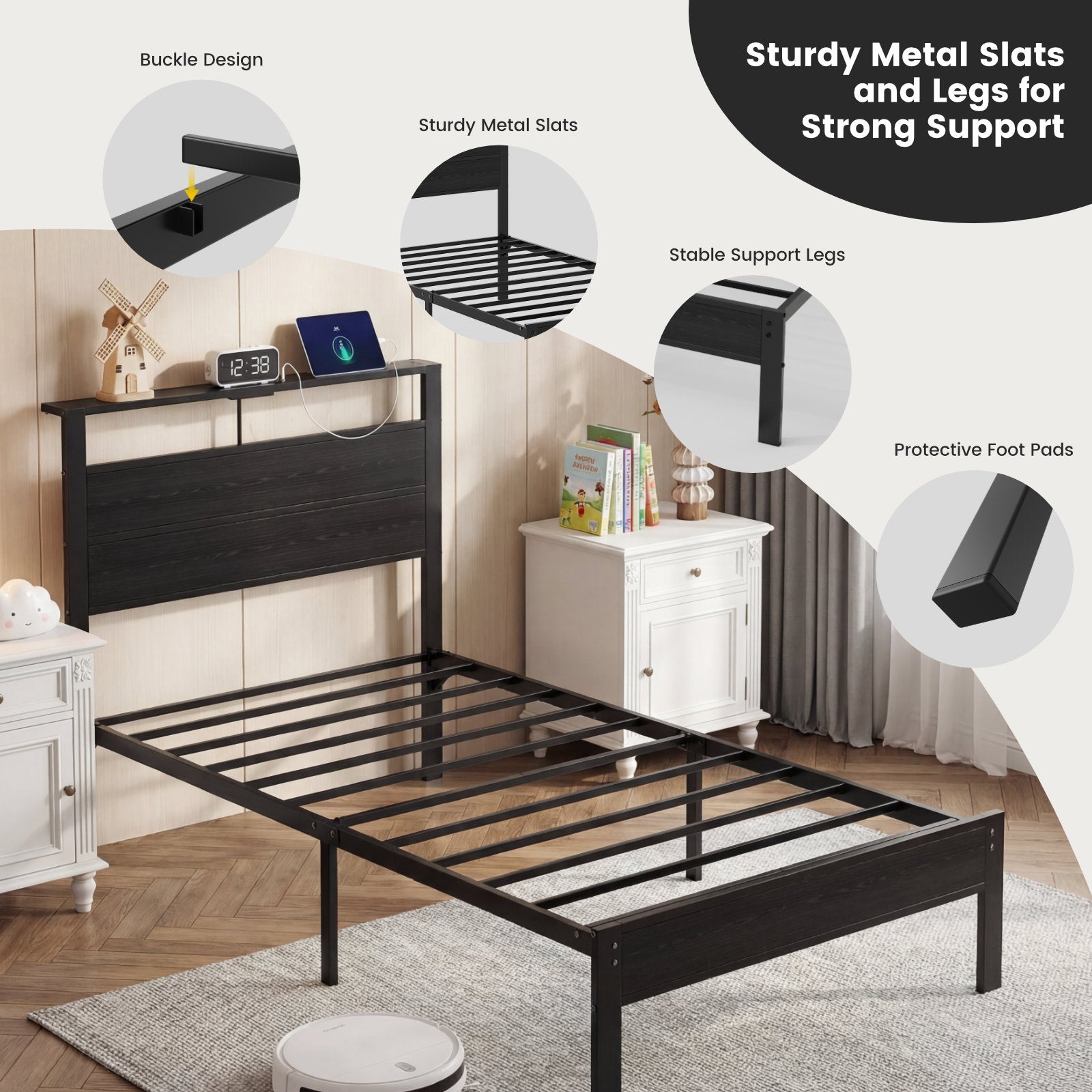 Kbun Twin Size Platform Bed Frame with Fabric Wood Headboard, Metal Bed Frame with LED Light, Heavy Duty Steel Slat Supported Full Bed Frames, No Box Spring Needed, Black