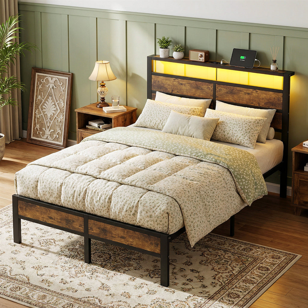 Bexfil Full Platform Bed with Charging Station and LED Lights - Wood Headboard Frame with USB Ports and Power Outlet - Noise-Free, No Box Spring Needed, Brown