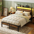 Bexfil Full Platform Bed with Charging Station and LED Lights - Wood Headboard Frame with USB Ports and Power Outlet - Noise-Free, No Box Spring Needed, Brown